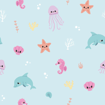 0,9 Meter - Baumwollpopeline Pastell Meerestiere - babyblau
