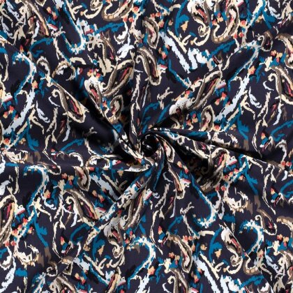 0,4 Meter - Viskose Popeline bunte Kunst - dunkel stahlblau