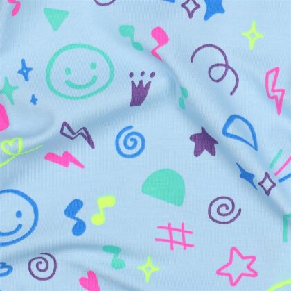 0,4 Meter - Baumwolljersey Neon Kritzelei - babyblau