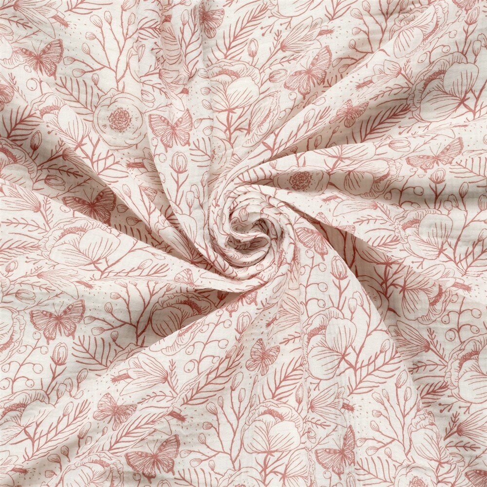 Musselin Blumen und Schmetterlinge - creme/altrot