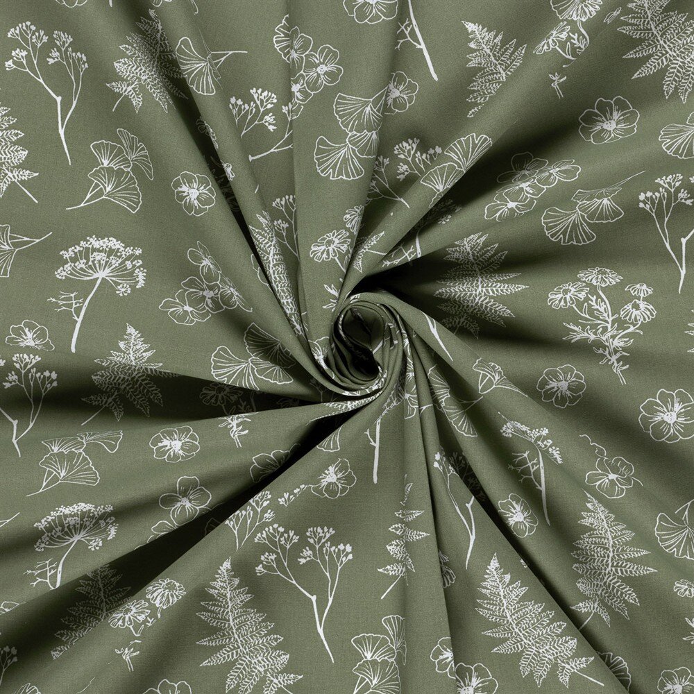 Baumwollpopeline Florale Zeichnungen - salbei