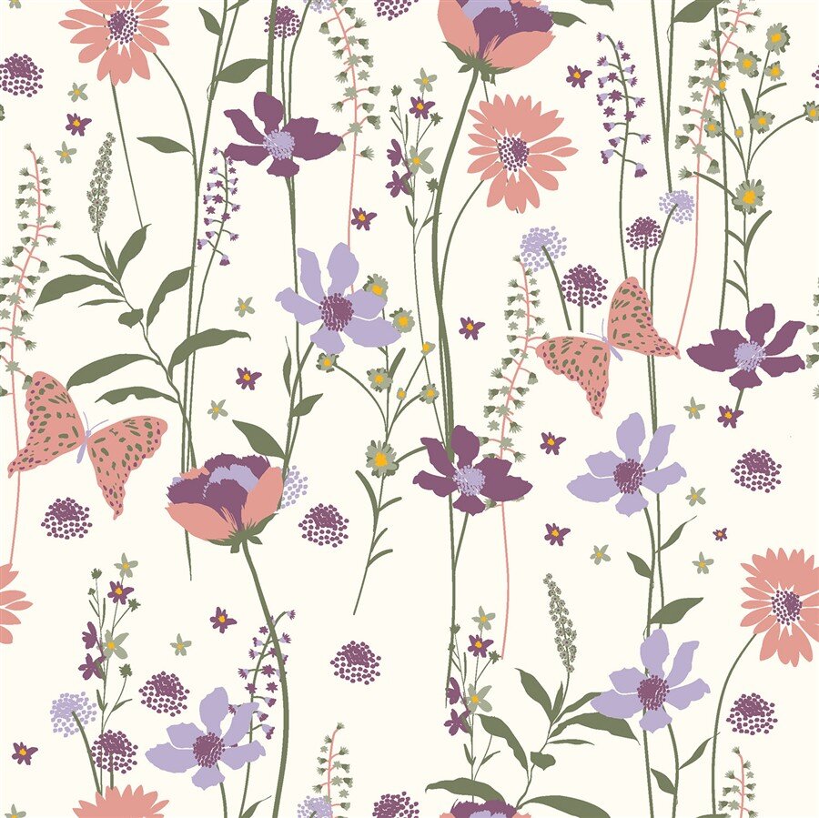 Baumwollpopeline schöne Blumen & Schmetterlinge - creme