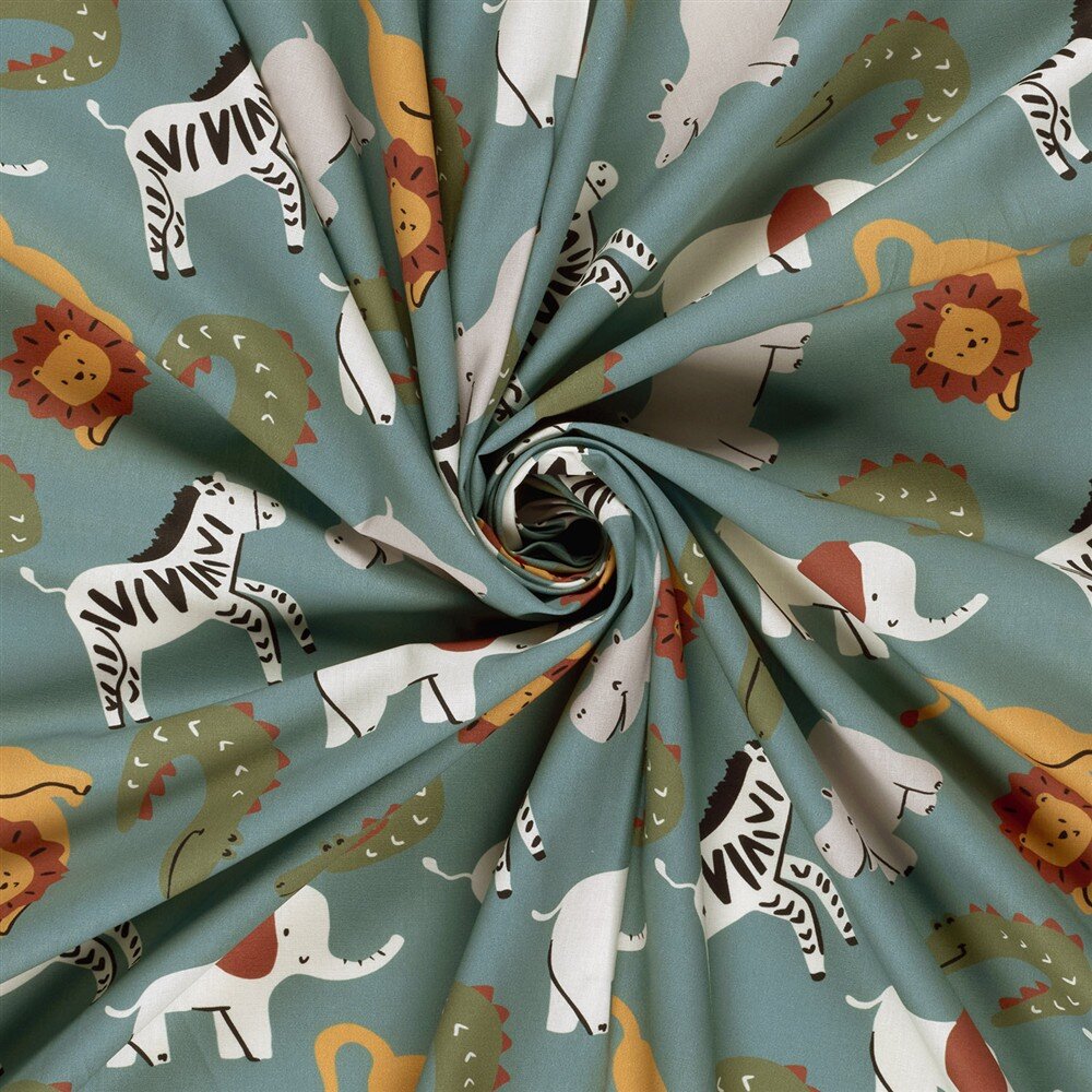 Baumwollpopeline bunte Safaritiere - hellpetrol