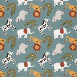 Baumwollpopeline bunte Safaritiere - hellpetrol
