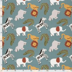 Baumwollpopeline bunte Safaritiere - hellpetrol