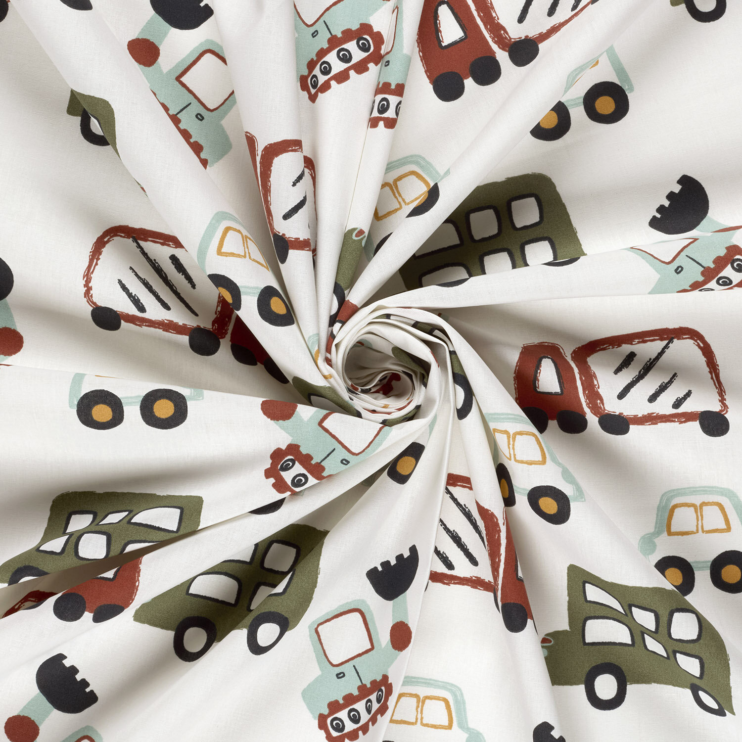 Baumwollpopeline bunte Fahrzeuge - creme