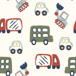 Baumwollpopeline bunte Fahrzeuge - creme