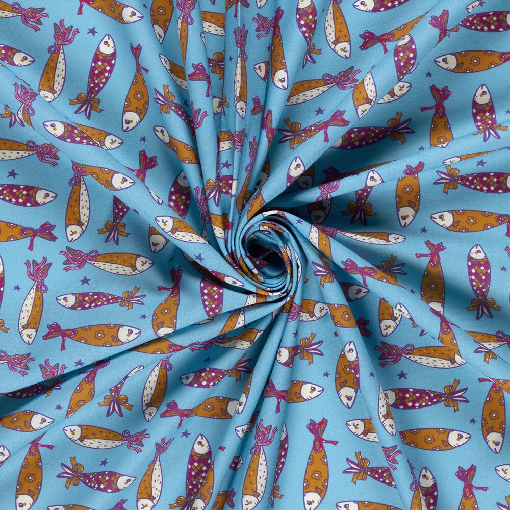 Baumwollpopeline Fische - wasserblau