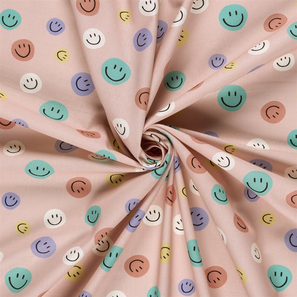 Baumwollpopeline bunte Smileys - softrosa