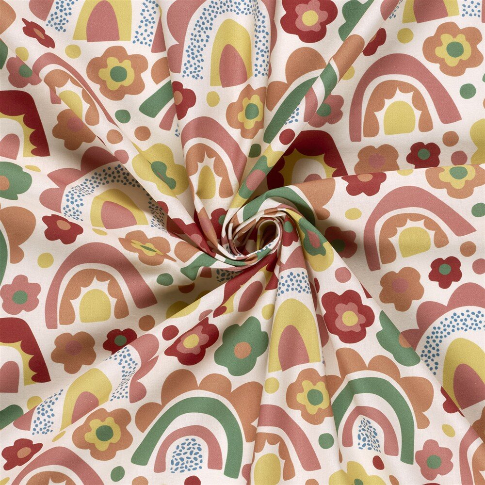Baumwollpopeline Blumen bunte Regenbogenwelt- creme