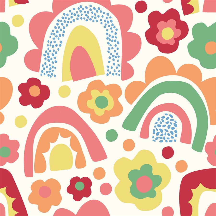 Baumwollpopeline Blumen bunte Regenbogenwelt- creme