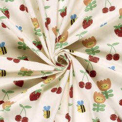Baumwollpopeline fröhliche Früchte & Blumen - creme