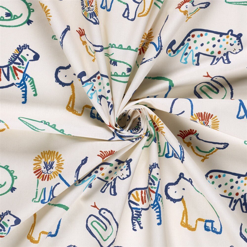 Baumwollpopeline bunte Tierzeichnungen - creme