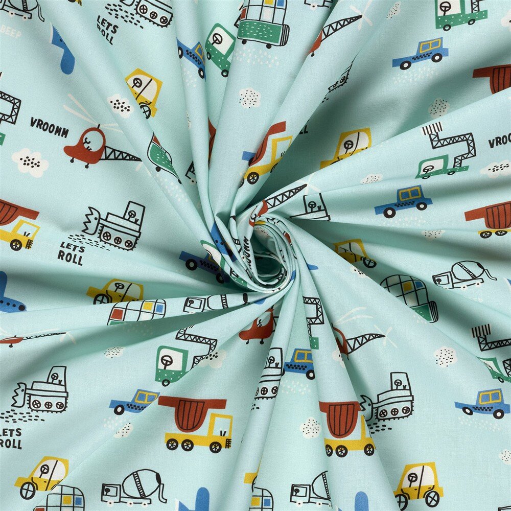 Baumwollpopeline Konfetti Fahrzeuge - hellblau