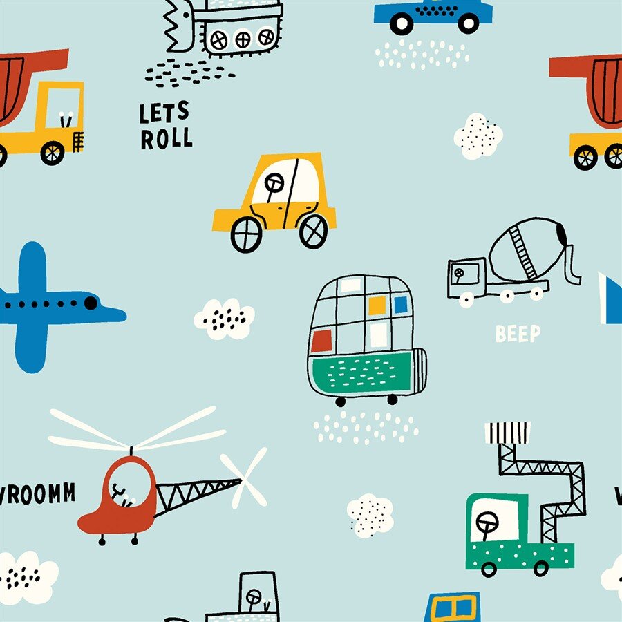 Baumwollpopeline Konfetti Fahrzeuge - hellblau