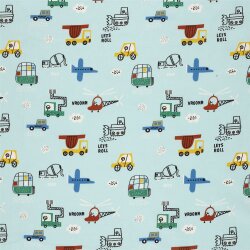 Baumwollpopeline Konfetti Fahrzeuge - hellblau