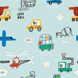 Baumwollpopeline Konfetti Fahrzeuge - hellblau