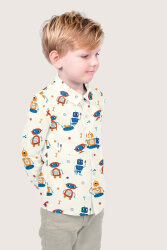 Baumwollpopeline lustige bunte Roboter - creme