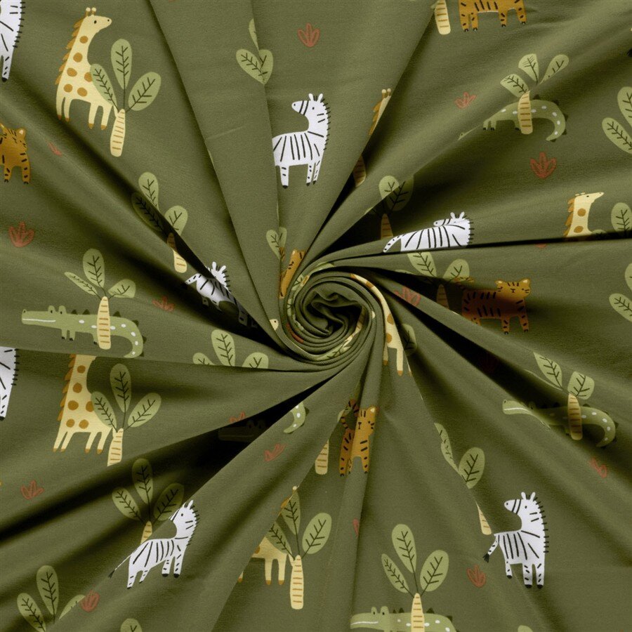 Baumwolljersey Tiere unter Palmen - dunkeloliv