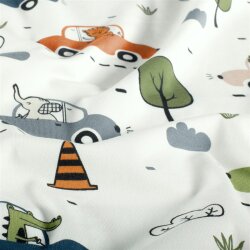 Baumwolljersey fahrende Tiere - creme