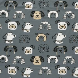 Baumwolljersey Hundeköpfe - stahlblau