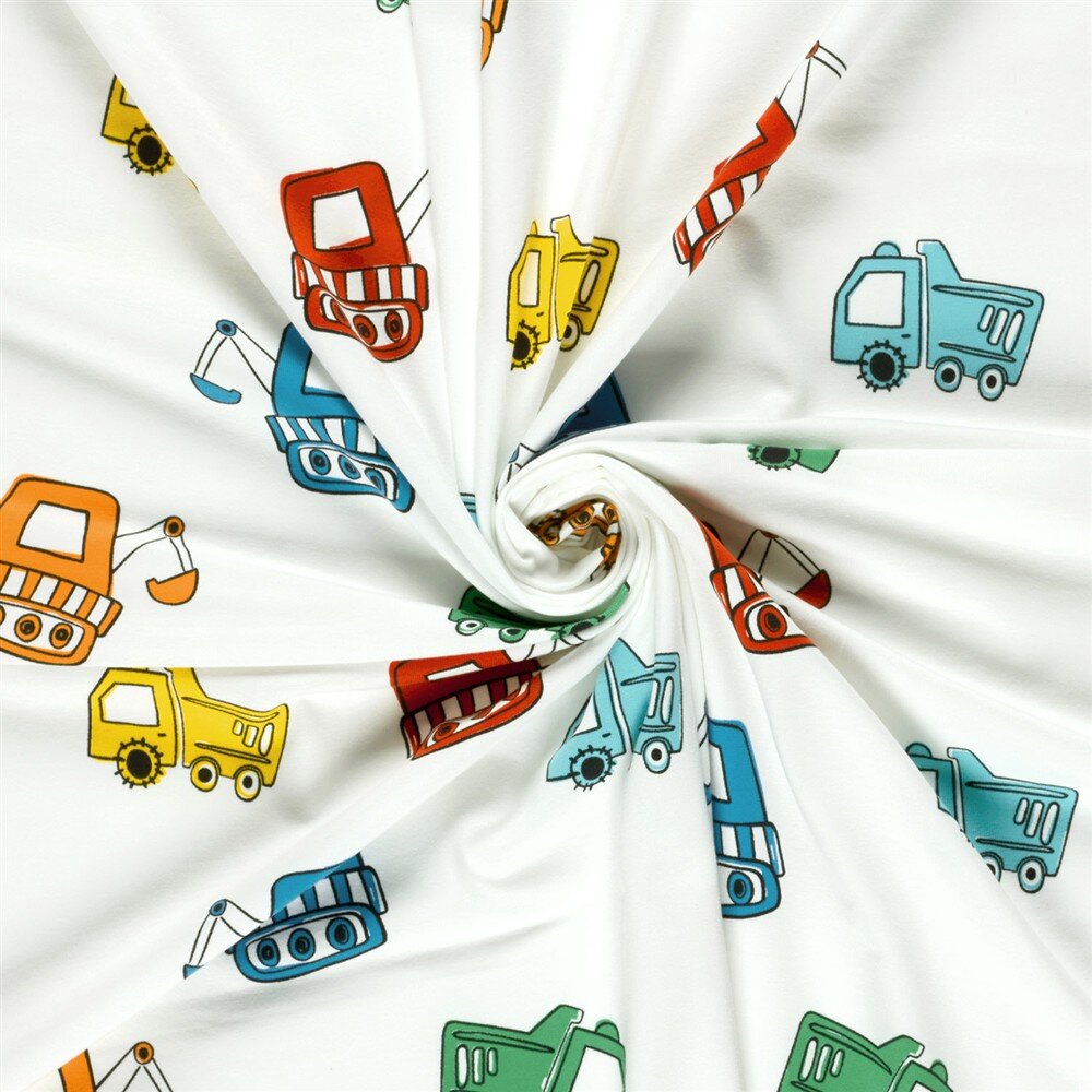 Baumwolljersey bunte Baufahrzeuge - altweiß