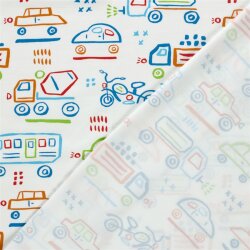 Baumwolljersey bunte Fahrzeugzeichnungen - creme