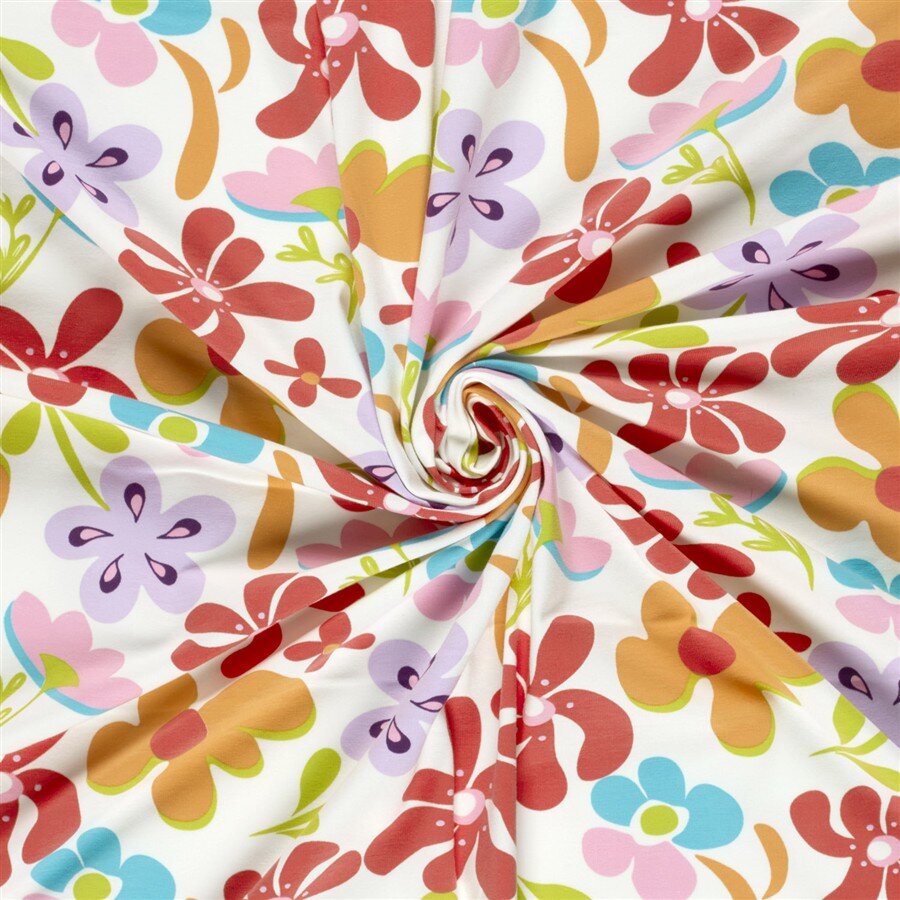 Baumwolljersey bunte Blumenwelt - creme