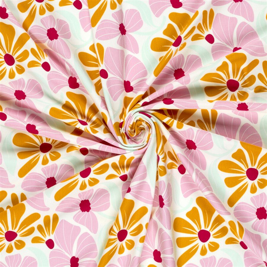 Baumwolljersey bunte Blumenräder - creme