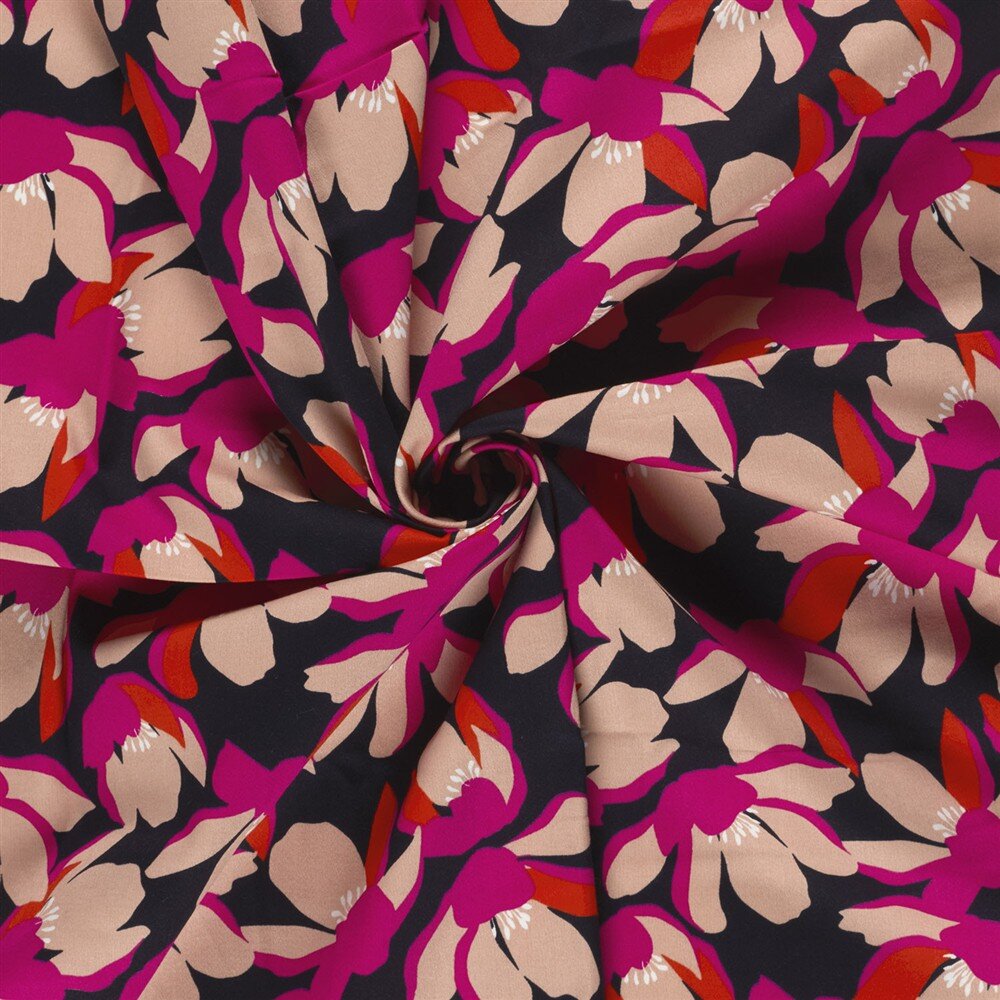 Baumwollsatin Blumen - schwarz