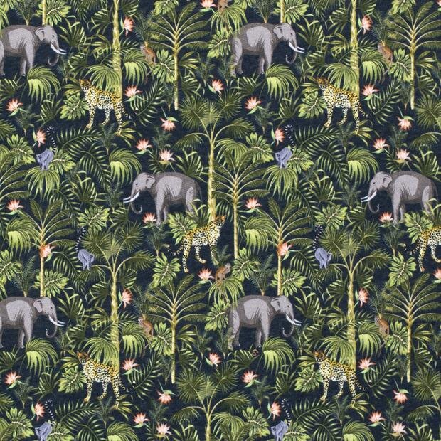 0,7 Meter - Wintersweat Digital wilde Tiere im Dschungel dunkelblau meliert