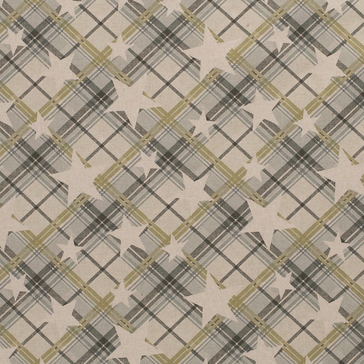 0,9 Meter - Interieurstoff grün kariert mit Sternen Leinen Optik