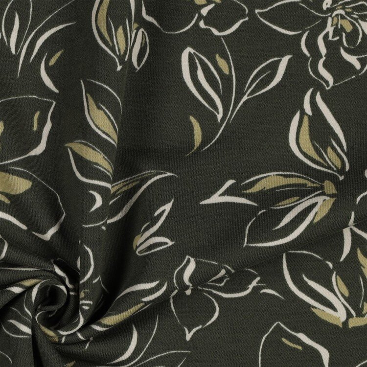 0,7 Meter - French Terry Blumenzeichnung - dunkeljadegrün