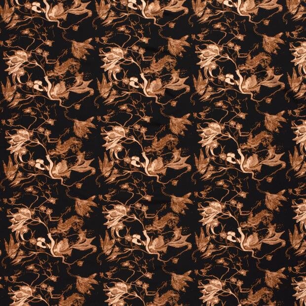 0,9 Meter - Polyesterjersey Antike Blumen -  rostrot