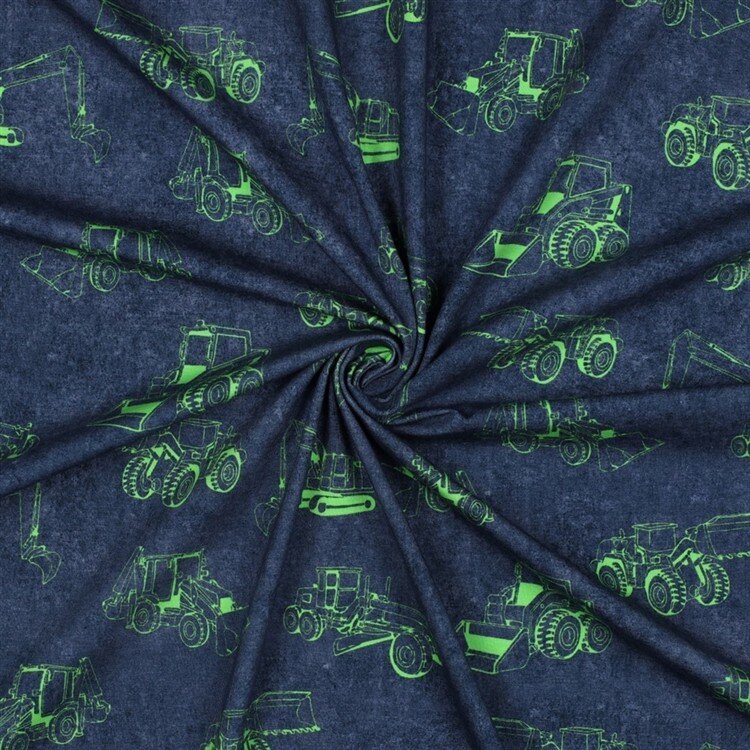 0,6 Meter - Baumwolljersey Digital Neon Baumaschinen - dunkelblau