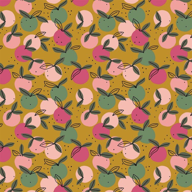 0,9 Meter - Baumwollpopeline Organic PEACHY Früchte - ocker