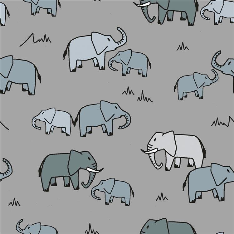 0,7 Meter - Baumwollpopeline Elefantenherde - steingrau