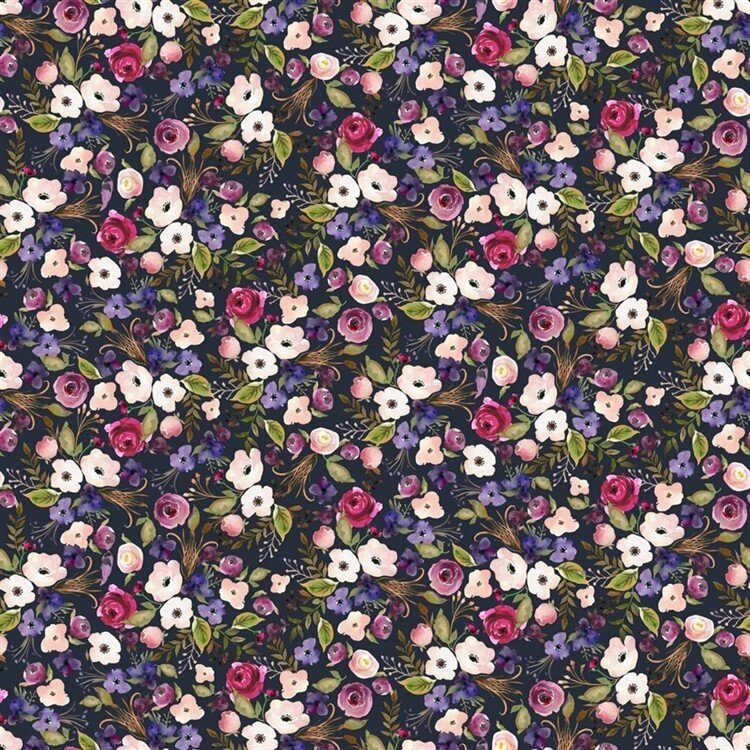 0,8 Meter - Baumwollpopeline Digital Frühlingsstrauss - dunkelblau
