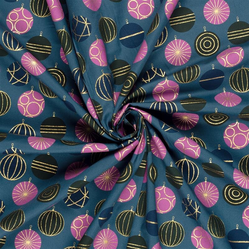 0,8 Meter - Baumwollpopeline Foliendruck grosse Weihnachtskugeln - petrolblau