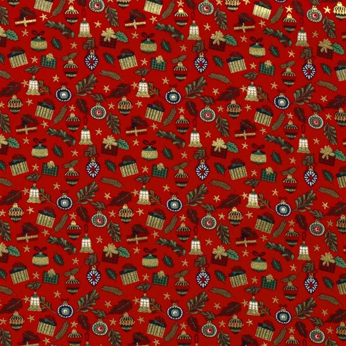 0,9 Meter - Baumwollpopeline Foliendruck Weihnachtsgeschenke - rot