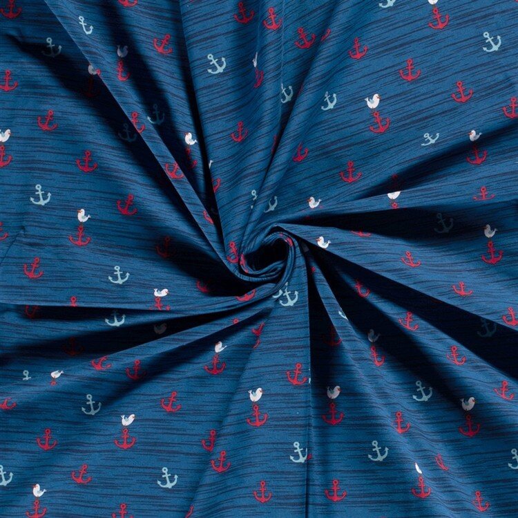 0,7 Meter - Baumwolljersey Möwen und Anker indigoblau