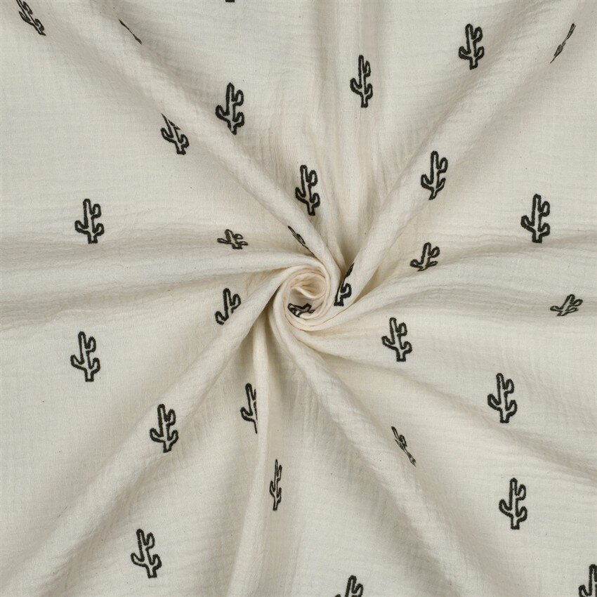 Musselin Bestickt Kaktus - creme/oliv