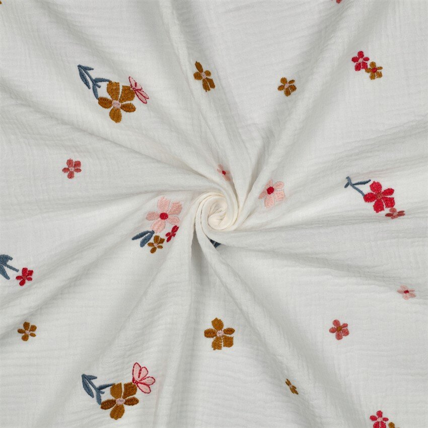 Musselin Bestickt Blumen - creme/kamel