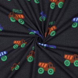 Baumwolljersey Baumaschinen - dunkelblau meliert