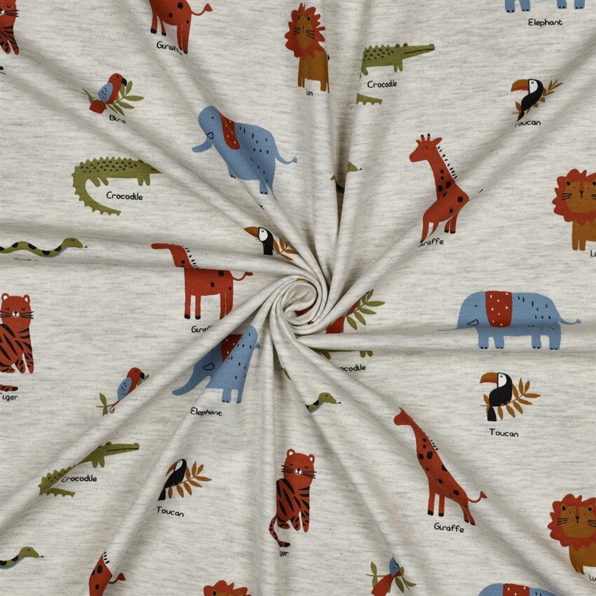 Baumwolljersey bunte Safari Tiere - hellgrau meliert