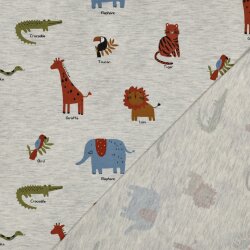 Baumwolljersey bunte Safari Tiere - hellgrau meliert