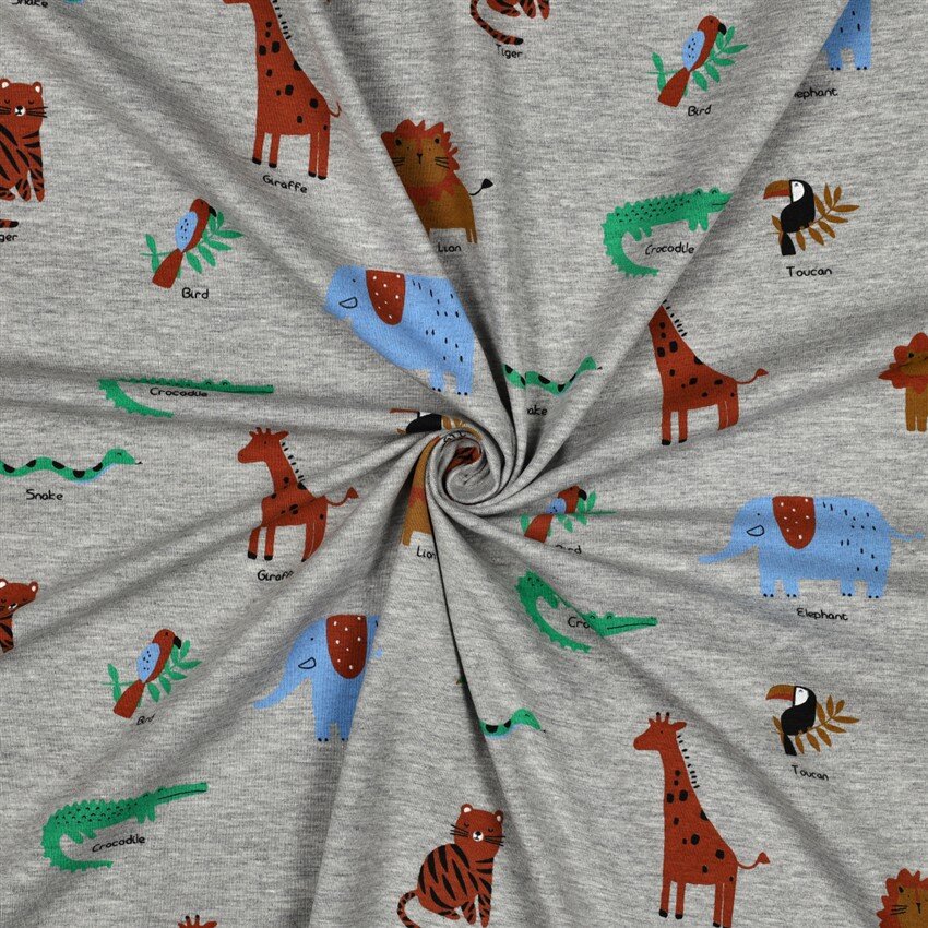 Baumwolljersey bunte Safari Tiere - grau meliert