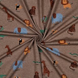 Baumwolljersey bunte Safari Tiere - kaltbraun meliert