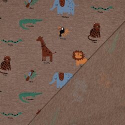 Baumwolljersey bunte Safari Tiere - kaltbraun meliert