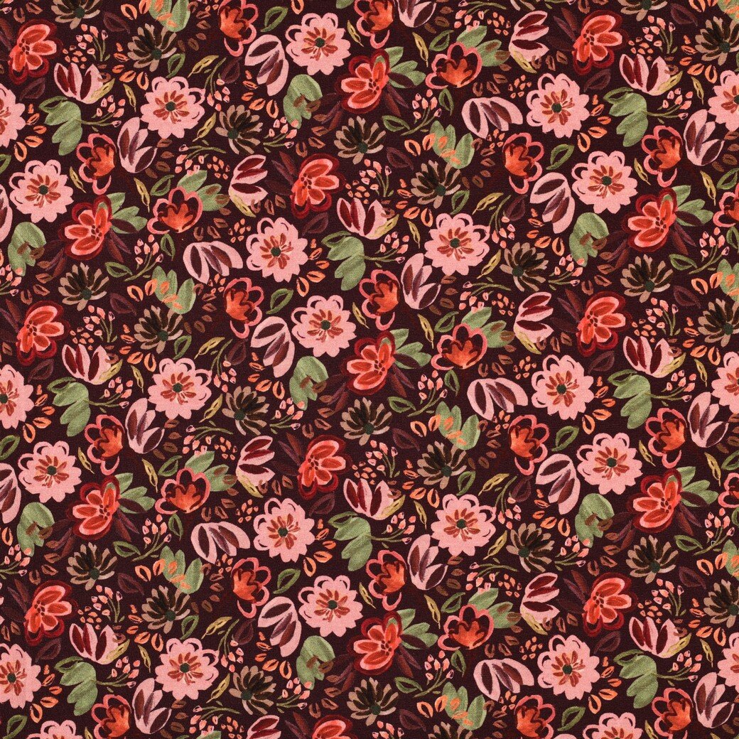 Baumwolljersey Digital Blumen - weinrot